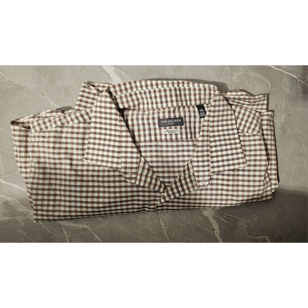 Van Heusen Button Down Mens 19 34/35 Brown Regular Fit Stretch - Picture 3 of 10